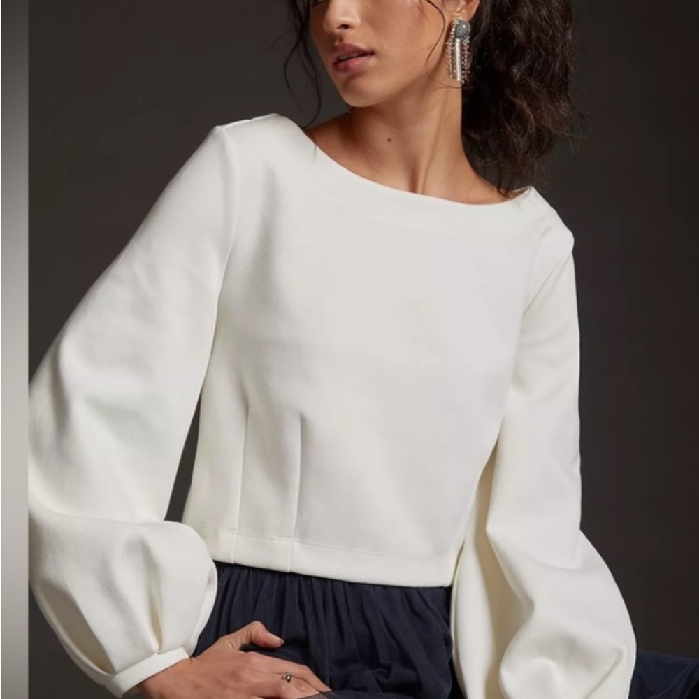 Anthropologie Cream Blouse with Balloon Sleeves